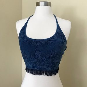 Blue Embroidered Vintage Festival Beach Crop Top